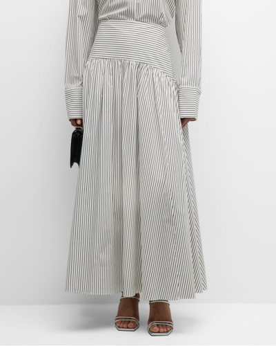 Shop Staud Procida Pinstripe Drop-waist Yoked Maxi Skirt In Ivory Micro Strip
