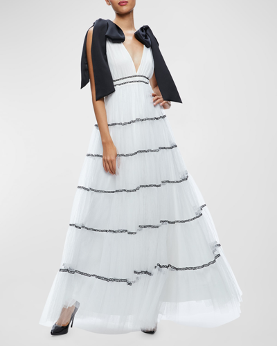 Shop Alice And Olivia Jessalynn Bow Strap Tiered Maxi Gown In Off White