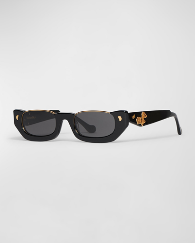 Shop Nanushka Zorea Half-rimmed Acetate Rectangle Sunglasses In Black