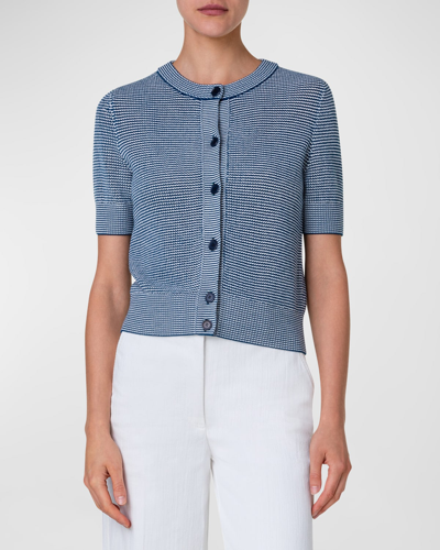Shop Akris Punto Wool Knit Short-sleeve Button-front Cropped Cardigan In Navy-cream
