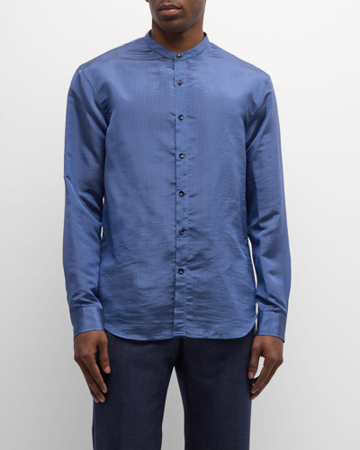 Shop Giorgio Armani Men's Striped Band-collar Sport Shirt In Dark Blue