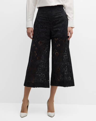 Shop Carolina Herrera Floral Eyelet Embroidered Wide-leg Crop Pull-on Pants In Black