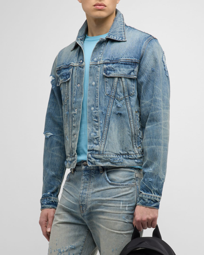 Amiri Ma Distressed Denim Trucker Jacket In Antique Indigo
