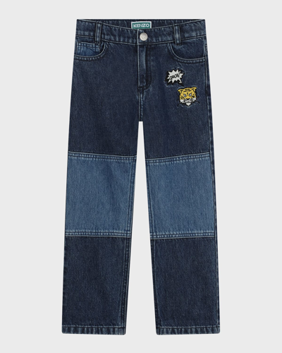 Shop Kenzo Boy's Two-tone Denim Jeans With Tiger Comic Patches In Z04-bleach