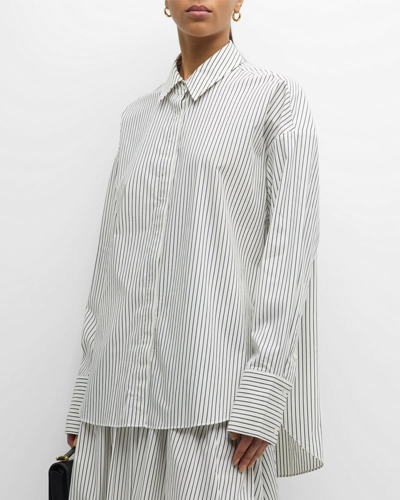 Shop Staud Colton Pinstripe Cotton Drop-shoulder Button-front Shirt In Ivory Micro Strip