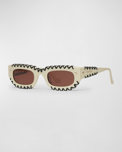 Shop Nanushka Kadee Crochet Acetate Rectangle Sunglasses In Shell