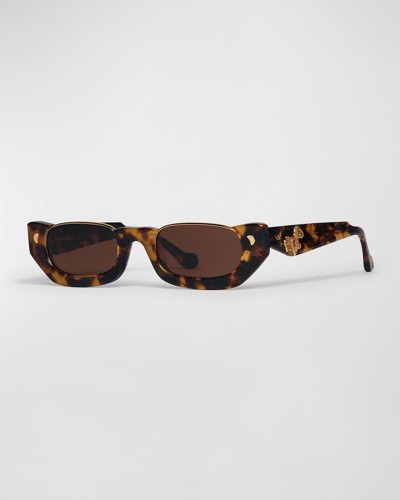 Shop Nanushka Zorea Half-rimmed Acetate Rectangle Sunglasses In Dark Amber