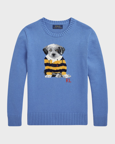 Shop Ralph Lauren Boy's Cotton Crewneck Dog Sweater In New England Blue