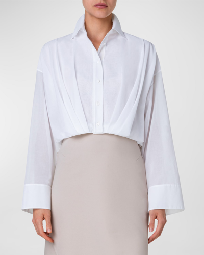Shop Akris Cotton Voile Button-front Blouse With Pleated Waist In Ecru