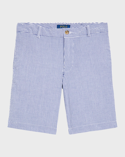 Shop Ralph Lauren Boy's Seersucker Preppy Shorts In Blue Seersucker