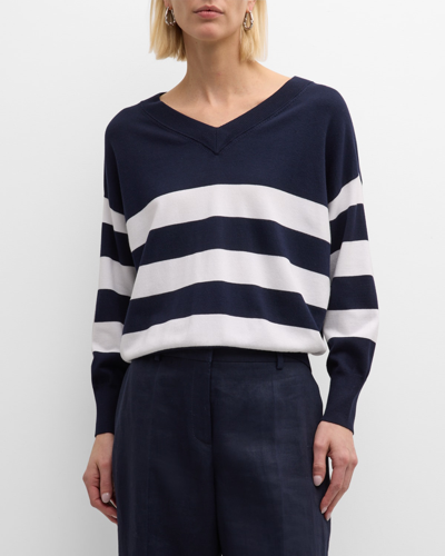 Shop Marella Granito Striped V-neck Sweater In Navy Pinstripes
