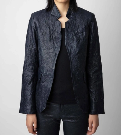 Shop Zadig & Voltaire Verys Cuir Froisse Leather Blazer In Encre Navy In Multi