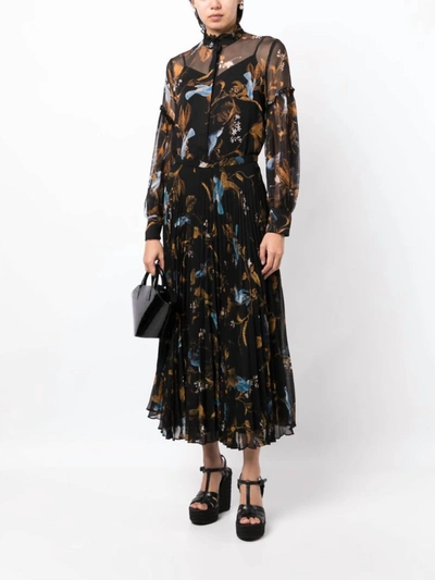 Shop Erdem Pleated Bird Floral Midi Skirt In Black
