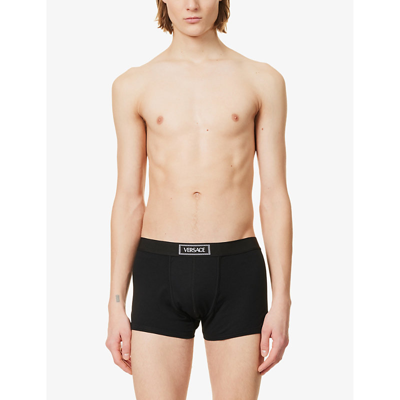 Shop Versace Mens Black Logo-waistband Stretch-cotton Trunks
