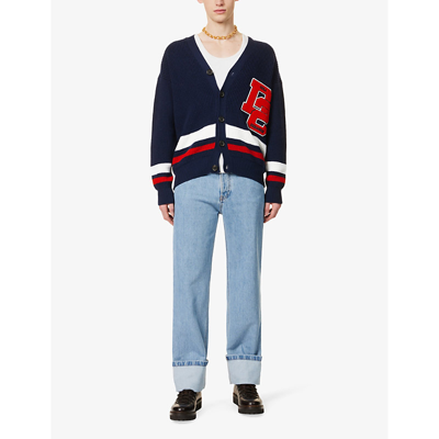 Shop Dsquared2 Men's Blue White Red Flocked-patch Wool Knitted Cardigan In Multi-coloured
