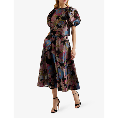 Shop Ted Baker Women's Black Bursa Jacquard Floral-print Woven Midi Skirt