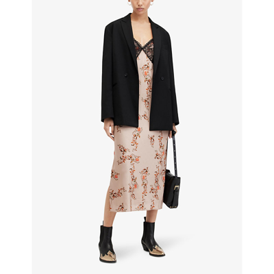 Shop Allsaints Women's Almond Beige Immy Floral-print Stretch-satin Midi Slip Dress