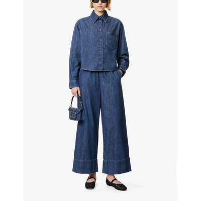 Valentino Denim-chambray Drawstring Palazzo Pants In Medium Blue Denim