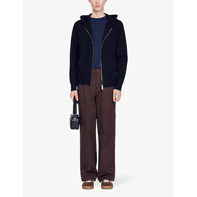 Sandro Mens Black Brand-tab Zipped Stretch-knit Hoody In Black
