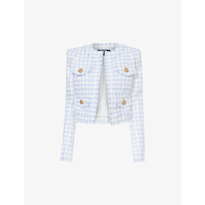 Shop Balmain Women's Bleu Pale Blanc Button-embellished Checked Cotton-blend Tweed Jacket