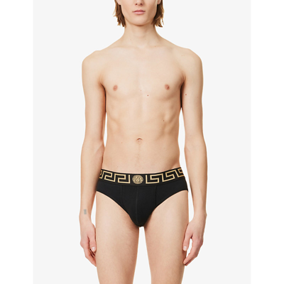 Shop Versace Men's Black Gold Greek Key Logo-waistband Stretch-cotton Briefs