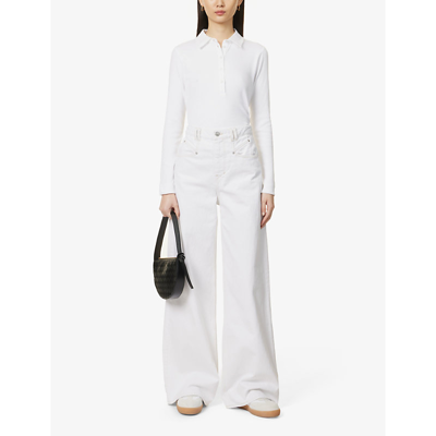 Shop Me And Em Polo-collar Ribbed Stretch-cotton Top In Fresh White