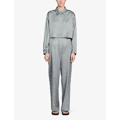 Shop Sandro Womens Noir / Gris Rhinestone-embellished Cropped Satin Shirt In Grey