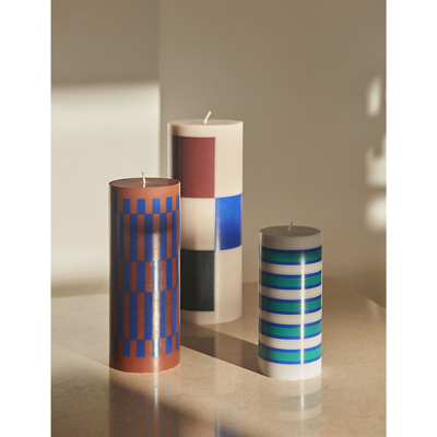 Shop Hay Check-pattern Medium Wax Column Candle 20cm In Brown And Blue