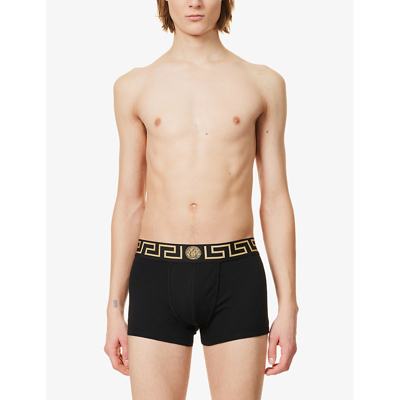 Shop Versace Logo-waistband Stretch-cotton Trunks In Black Gold Greek Key