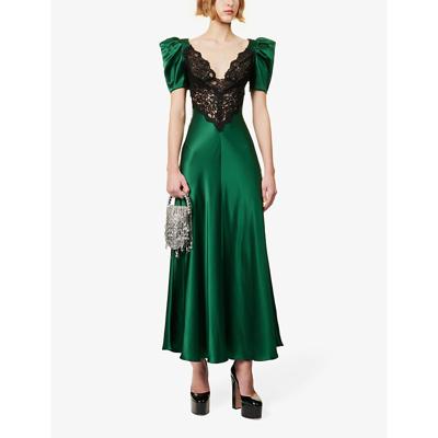 Shop Rodarte Women's Green Lace-panel V-neck Silk Maxi Dress