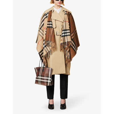 Burberry Womens  Giant Check Fringed-trim Cashmere-blend Cape In Arc Beg/drk Bir Brwn