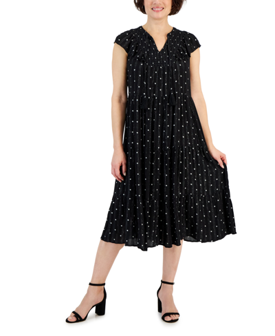 Shop Style & Co Women's Printed Ruffled Shine Midi Dress, Created For Macy's In Black Polka Dot