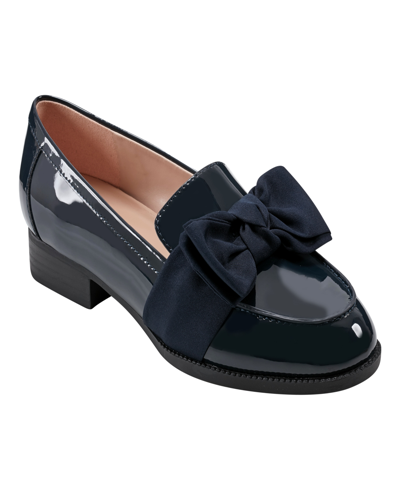 Shop Bandolino Women's Lindio Bow Detail Block Heel Slip On Loafers In Navy Patent - Faux Patent Leather,texti