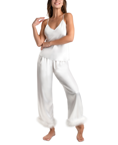 Shop Linea Donatella Women's Marabou 2-pc. Satin Pajamas Set In White