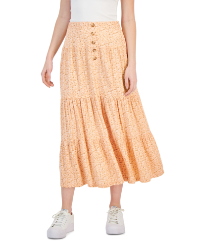 Shop Celebrity Pink Juniors' Printed Tiered Midi Skirt In Peach