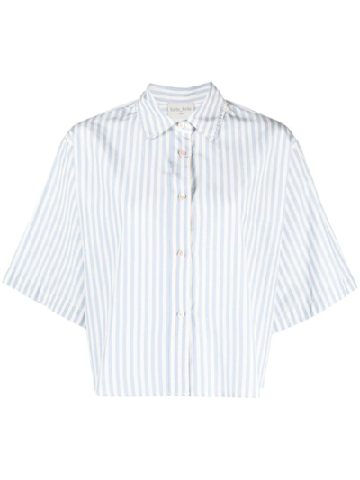 Shop Forte Forte Striped `chic Taffetas` Half Sleeve Boxy Shirt In Blue