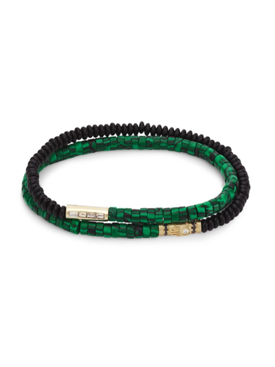 Shop Luis Morais Men's 14k Yellow Gold, Diamond & Black Diamond Hamsa Relief Beaded Bracelet In Black Green