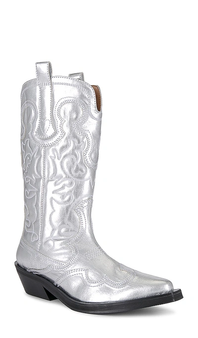 Shop Ganni Embroidered Western Boot In Silver