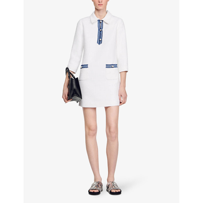 Shop Sandro Women's Naturels Denim-trim Tweed-textured Cotton-blend Mini Dress In White