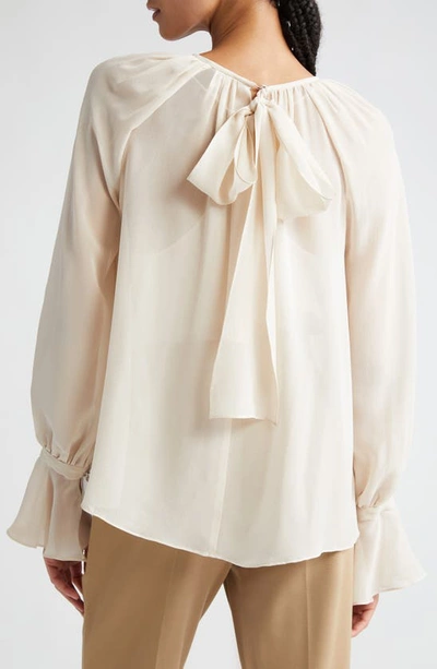 Shop Max Mara Yelina Semisheer Bell Sleeve Bow Back Silk Georgette Top In Beige