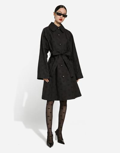 Dolce & Gabbana Logo-jacquard Belted Trench Coat In Black