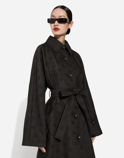 Dolce & Gabbana Logo-jacquard Belted Trench Coat In Black