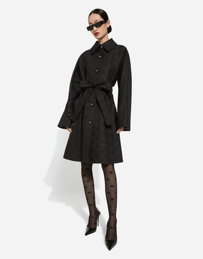Dolce & Gabbana Logo-jacquard Belted Trench Coat In Black