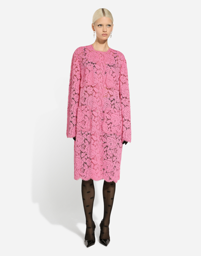 Shop Dolce & Gabbana Branded Floral Cordonetto Lace Coat In Pink