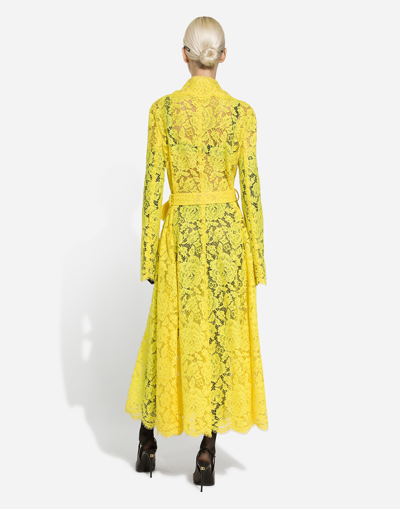Shop Dolce & Gabbana Branded Floral Cordonetto Lace Trench Coat In Yellow
