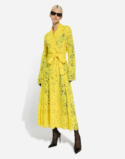 Shop Dolce & Gabbana Branded Floral Cordonetto Lace Trench Coat In Yellow