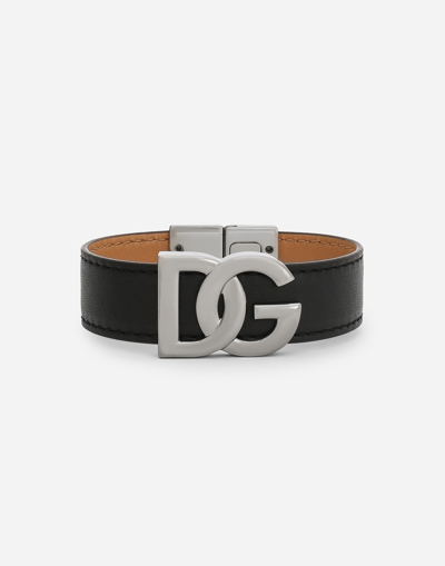 Shop Dolce & Gabbana Calfskin Bracelet With Dg Logo In Black