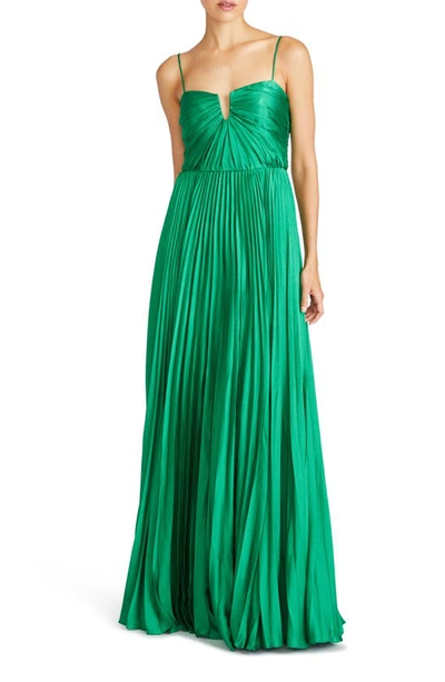 Shop ml Monique Lhuillier Helena Pleated Satin Gown In Clover Green