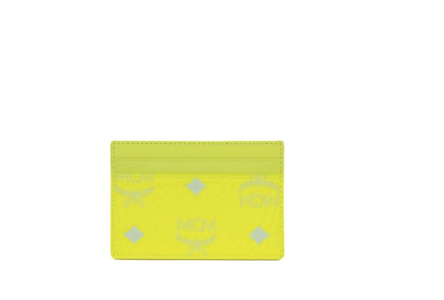 Mcm Spectrum Diamond Mini Neon Yellow Visetos Leather Card Case Holder Wallet In Yellow