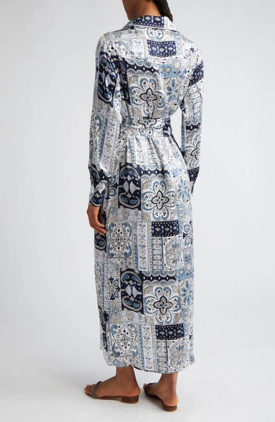 Shop Eleventy Paisley Patchwork Print Long Sleeve Silk Shirtdress In Baby Blue